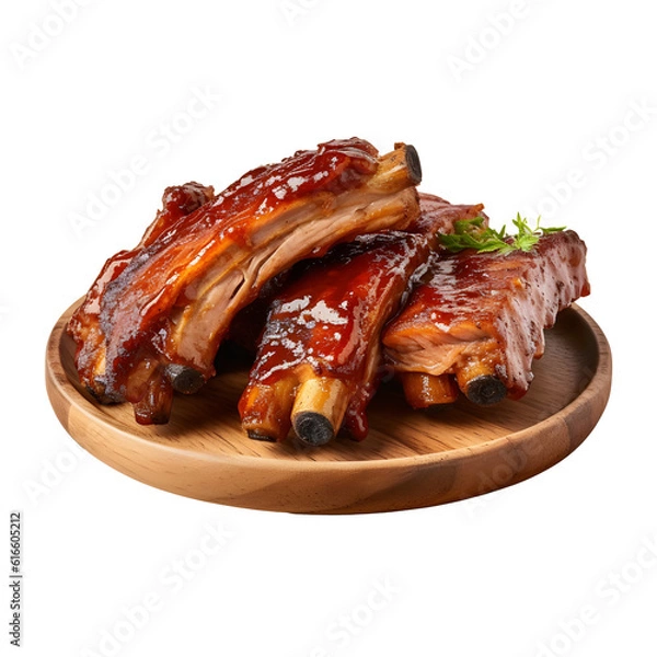 Obraz Grilled pork ribs on wood plate. isolated on white transparent background, ai generate