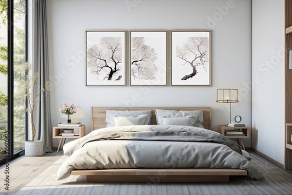 Fototapeta light bedroom in a scandinavian and asian style mix created using generative AI tools
