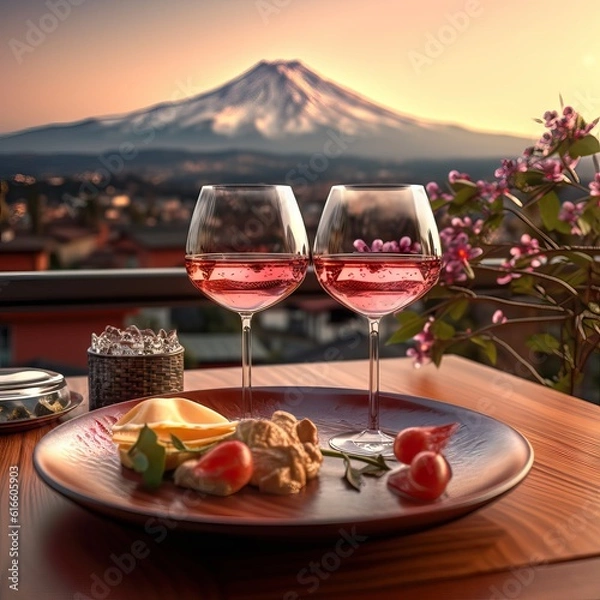 Fototapeta Delicious food and wine with Mt. Fuji , Japan (AI generative)