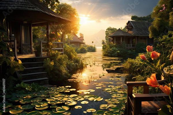 Obraz happy river village, Generative AI