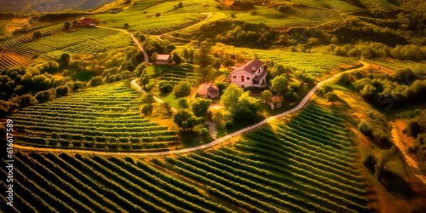 Fototapeta stunning aerial view of a vineyard in full bloom, with neatly aligned rows of grapevines, vibrant green foliage, and a winery nestled amidst the scenic beauty. Generative AI