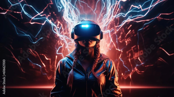 Fototapeta Illustration of woman with glasses of virtual reality. Future technology concept. Generative AI