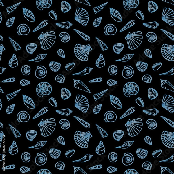 Obraz Hand drawn line art different shaped seashells as summer sea vacation background.Aquatic marine life doodle wallpapers