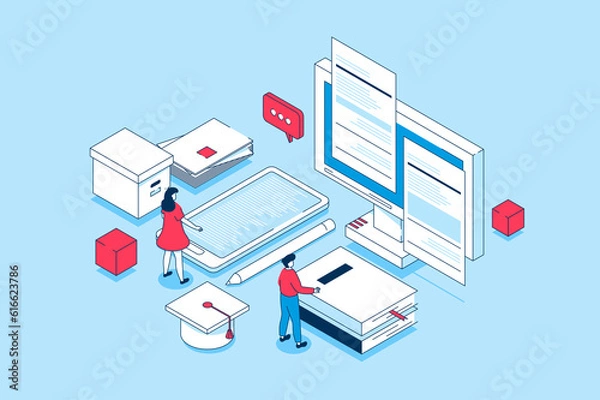 Obraz Modern education concept in 3d isometric design. People learning at digital classroom, reading e-books, watching webinars and video lectures. Illustration with isometry scene for web graphic