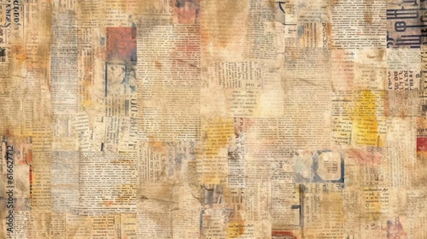 Fototapeta Newspaper paper grunge aged newsprint pattern background. Vintage old newspapers template texture, generative ai