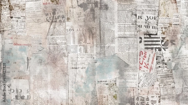 Fototapeta Newspaper paper grunge aged newsprint pattern background. Vintage old newspapers template texture, generative ai
