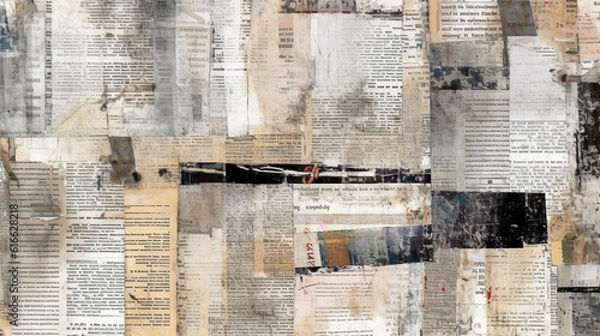 Fototapeta Newspaper paper grunge aged newsprint pattern background. Vintage old newspapers template texture, generative ai