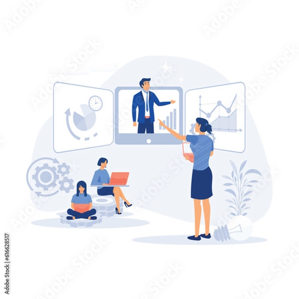 Fototapeta Business seminar speaker presentation and professional training about marketing, sales and e-commerce, flat vector modern illustration