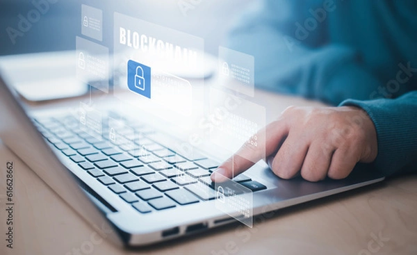 Fototapeta Business people working laptops with Blockchain financial technology network concept, Digital money to bitcoin for online payments and money transactions, Fintech concept with block cryptography,