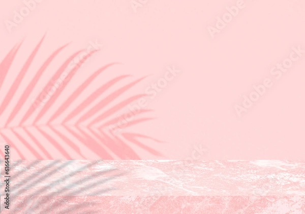 Obraz Empty pink marble table with leaves shadow on pink textured wall background for ladies and kids product presentation
