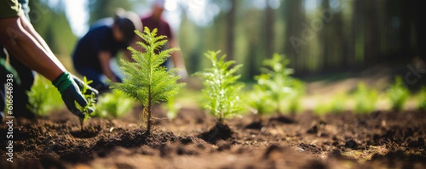 Fototapeta Planting new trees. planting new trees in an open area of a mountain. conifer trees. Hand edited generative AI. 