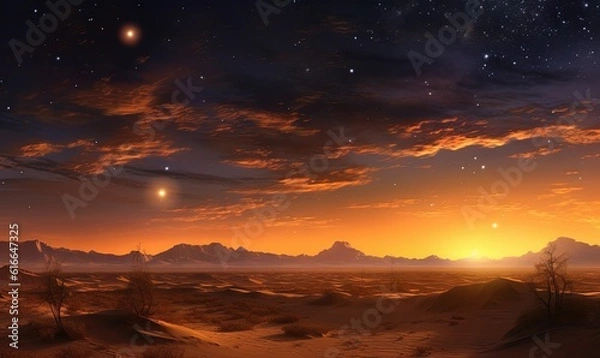 Fototapeta  a desert scene with mountains and a star filled sky at sunset.  generative ai