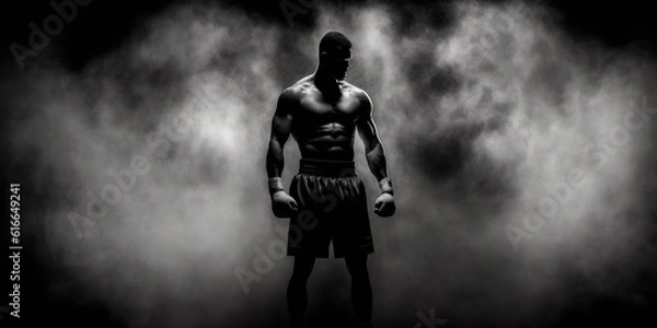 Obraz Silhouette of a boxer standing on a dark background and smoke