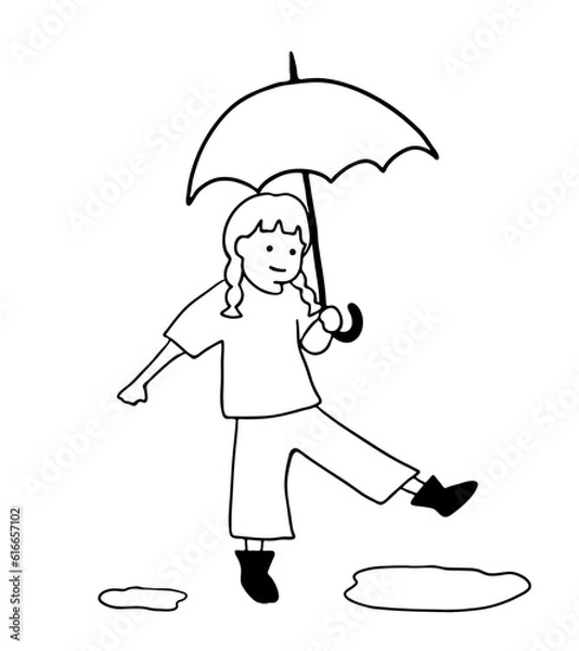 Fototapeta 傘を持って歩く女の子の線画イラスト　白黒