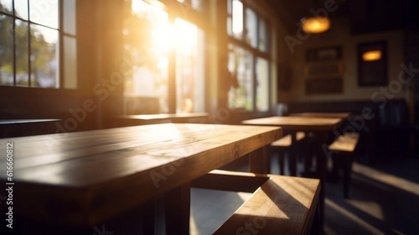 Fototapeta Ai generated empty rustic bar restaurant wooden table space platform with defocused  blurry pub interior sunny weather autumn summer spring warm cozy house with panoramic city windows.
