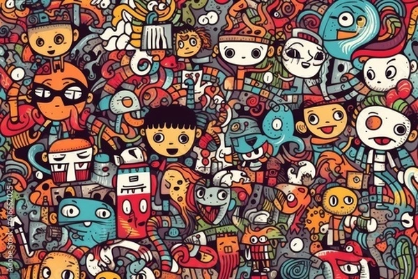 Fototapeta Kawaii doodle monsters, city, cat, robot for child coloring books, Generative AI