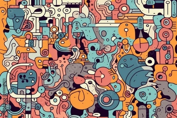 Fototapeta Kawaii doodle monsters, city, cat, robot for child coloring books, Generative AI