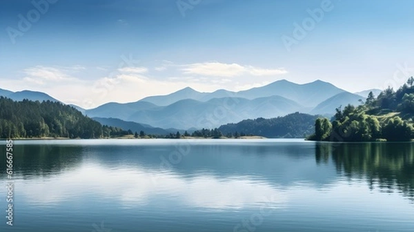 Fototapeta Panoramic View of a Lake with Mountains in the Distance