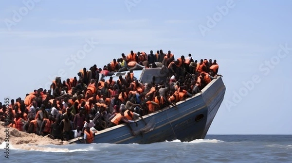 Obraz Sailing Towards Hope: Rescued Immigrants on the Shores of Lampedusa