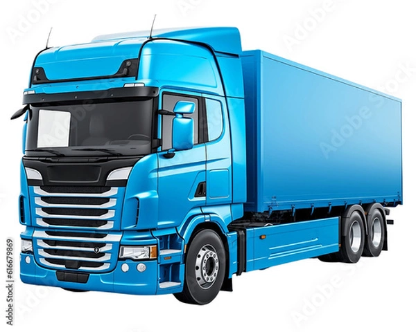 Obraz Blue modern European truck isolated on transparent background, Cargo cab and semi-trailer, concept of trucking, supply chain, transit, moving, shipping, delivery, front side view. generative ai