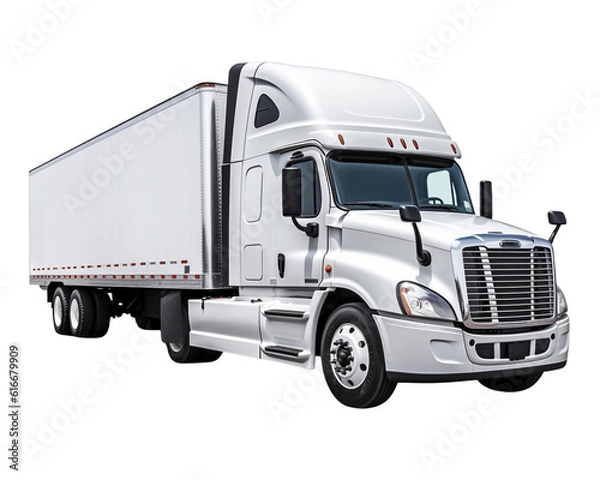 Obraz White cargo truck freightliner isolated on a transparent background, concept of trucking, supply chain, transit, moving, shipping, delivery, mailing, post services, front side view. generative ai