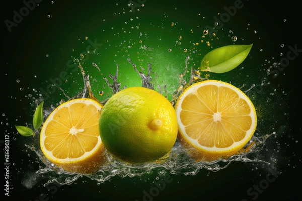 Fototapeta Juice splash lemon, orange, lime set. Citrus splashig fresh collection, AI Generative