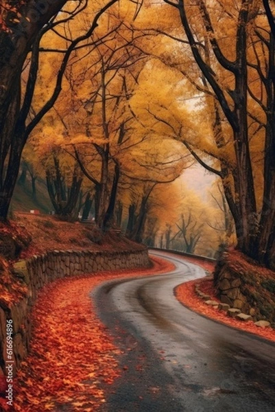 Fototapeta a winding road lined with trees in autumn colors, created with generative ai