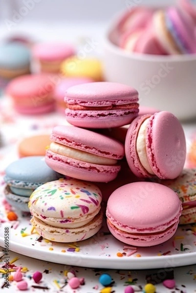 Fototapeta close-up of colorful macarons on a white plate, created with generative ai