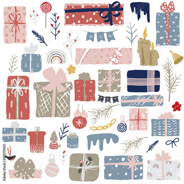 Obraz Christmas set for decorating postcards and invitations and posters. Gifts, flowers, bows, candles, Christmas decorations.