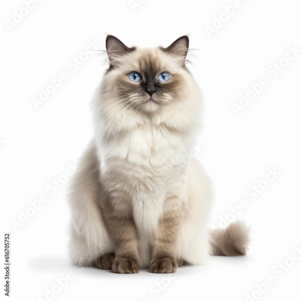 Fototapeta Sitting Birman Cat. Isolated on Caucasian, White Background. Generative AI.