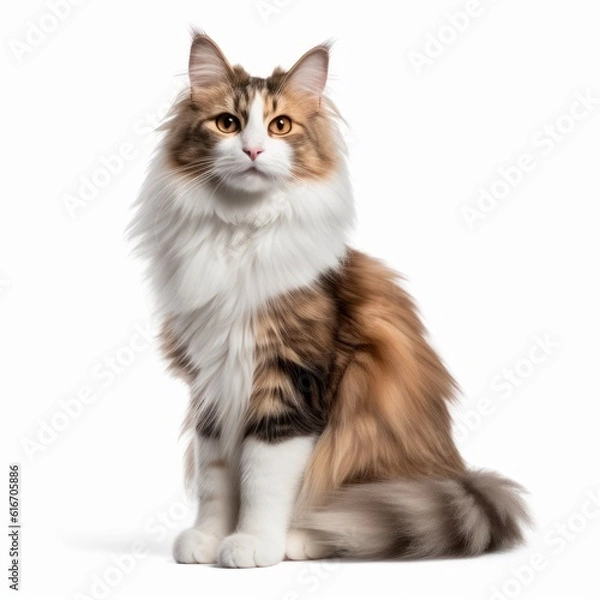 Fototapeta Sitting Norwegian Forest Cat. Isolated on Caucasian, White Background. Generative AI.