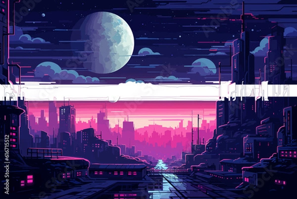 Obraz Futuristic vaporwave cyberpunk vector art with a city skyline at night with purple hues.