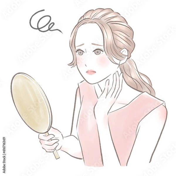 Fototapeta 手鏡を持って顔の肌に悩む女性