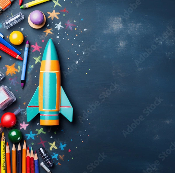 Fototapeta Bright toy rocket and school supplies on chalkboard, flat lay with space for text. Banner design. Made with generative ai
