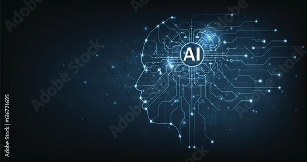 Fototapeta Electronic brain and Concept of artificial intelligence(AI).Graphic of a digital brain and Human head outline made from circuit board, connecting on dark blue background.