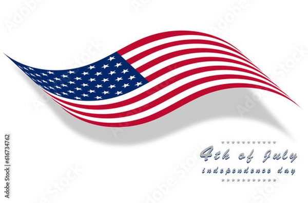 Fototapeta Waving american flag and silhouette and letter 4 of july independence day on white background.
