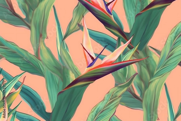 Fototapeta trendy orange flower tropical jungle pattern colorful pink leaf seamless. Generative AI.