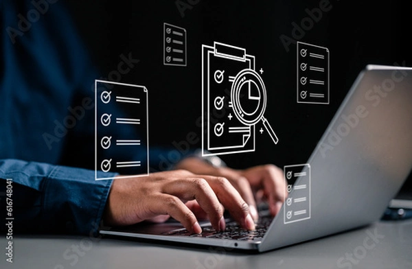 Fototapeta technology, laptop, personal, progress, information, file, data, business, document, magnifying glass. typing keyboard for magnifier to document then easy to view. that technology friendly to use.