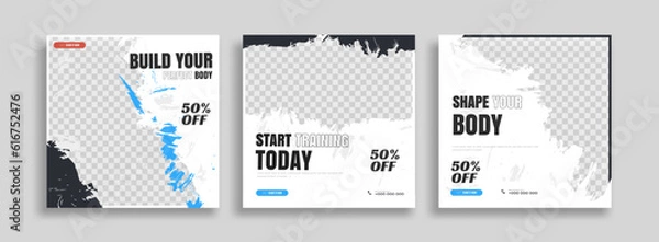 Fototapeta posts on social media vector illustration. Stylish graphics templates posts. dynamic abstractions typography photo. modern art paint and brush stains, fitness subjects gym. design frame post Template