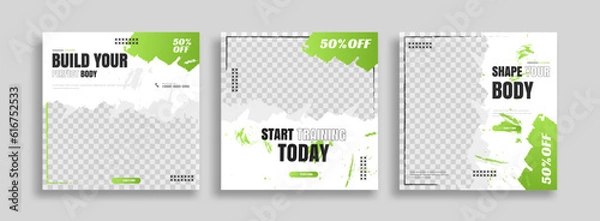 Obraz posts on social media vector illustration. Stylish graphics templates posts. dynamic abstractions typography photo. modern art paint and brush stains, fitness subjects gym. design frame post Template