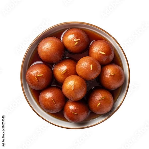 Fototapeta Delicious Gulab jamun in a bowl seen from above, top view, isolated on a transparent background