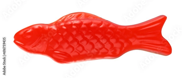 Obraz Isolated red fish shaped gummy jelly candy. Isolated on background. 3d illustration. Design elemenet. clipping path.