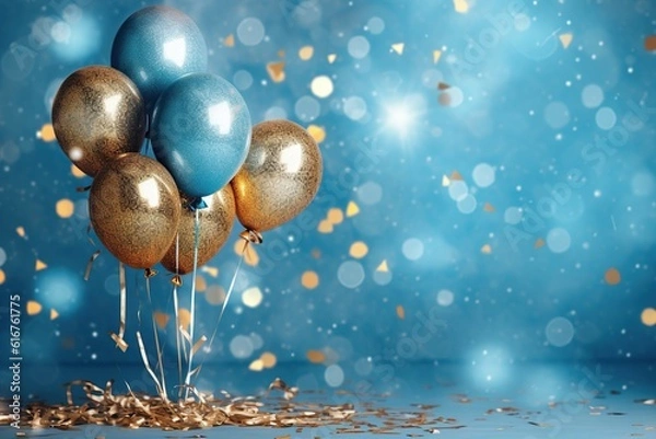 Fototapeta Holiday background with golden and blue metallic balloons, confetti and ribbons. Festive card for birthday party, anniversary, new year, christmas or other events. Created with generative Ai