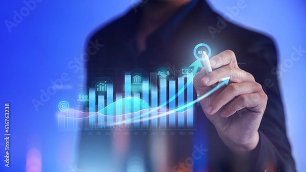 Fototapeta Data analytics in business innovation. Strategic data analysis: Transforming businesses with technology. Concept for science of success economy and marketing for business growth.