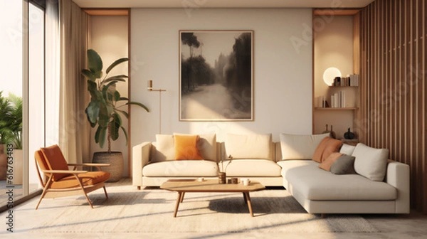 Fototapeta Stylish Living Room Interior with an Abstract Frame Poster, Modern interior design, 3D render, 3D illustration