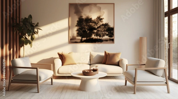 Fototapeta Stylish Living Room Interior with an Abstract Frame Poster, Modern interior design, 3D render, 3D illustration