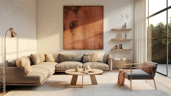 Fototapeta Stylish Living Room Interior with an Abstract Frame Poster, Modern interior design, 3D render, 3D illustration