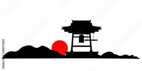Obraz 除夜の鐘と山と太陽のイラスト素材のシルエット　ベクター