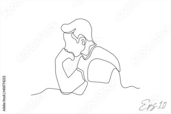 Fototapeta continuous line art vector illustration of a sad expression boy