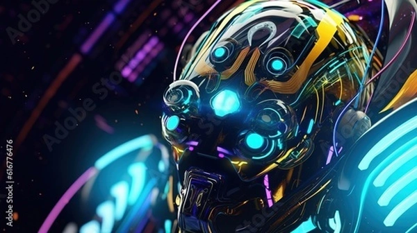 Fototapeta Artificial Intelligence robot face. Digital cyborg. Background in technology style. Generative AI. Illustration for banner, poster, cover, brochure or presentation.